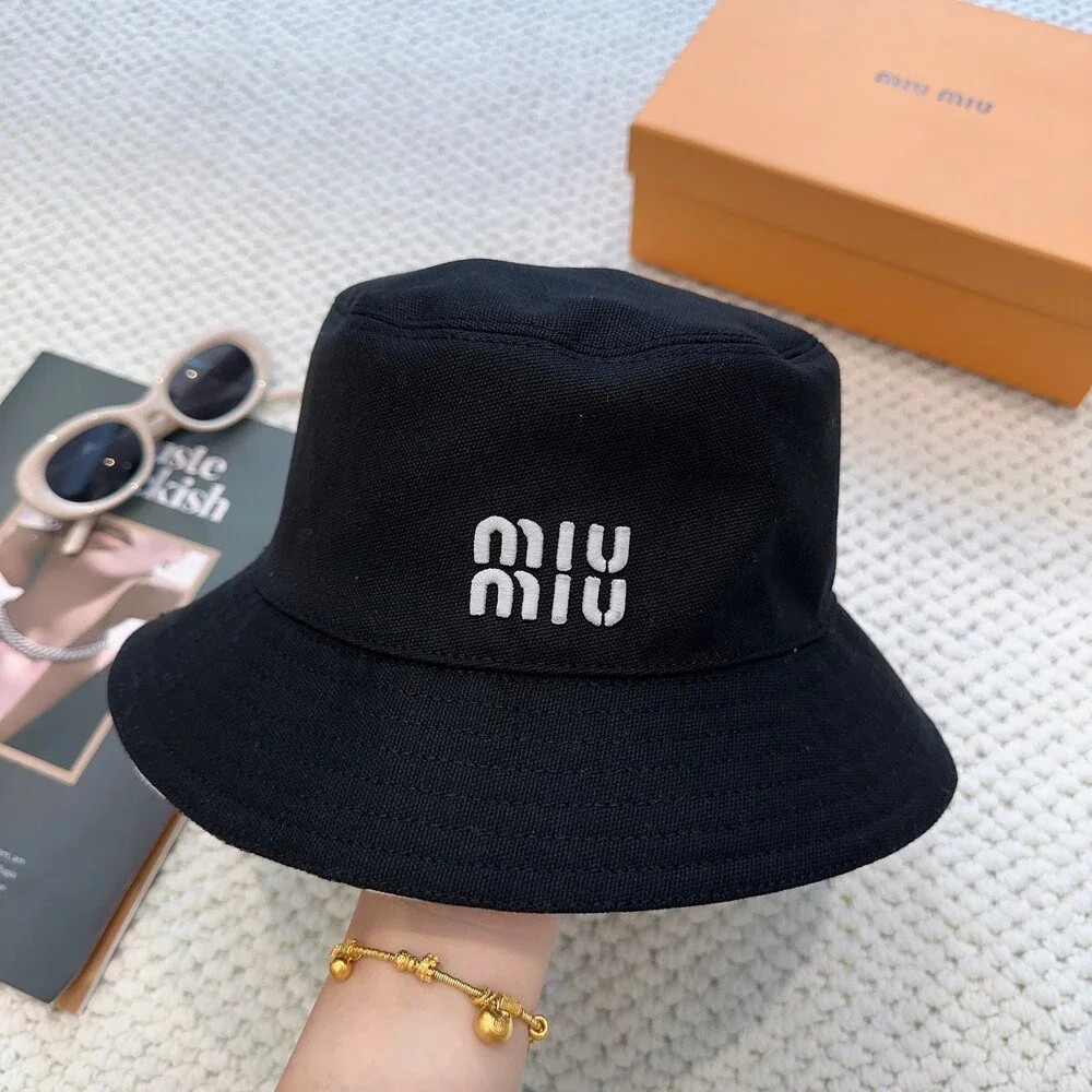 Miu Miu Black Canvas White Embroidered Logo Bucket Hat